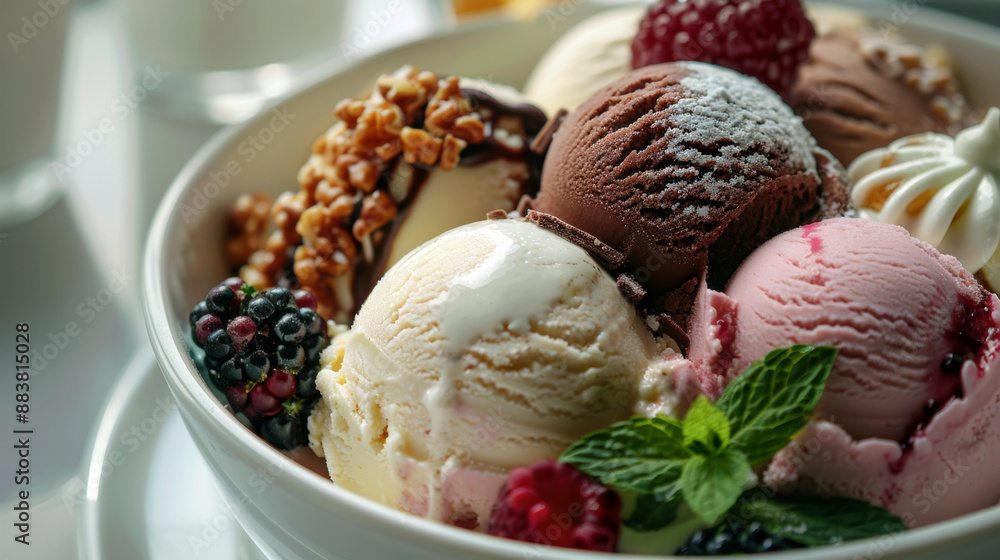 A bowl of ice cream with a variety of flavors including chocolate, strawberry