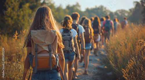 A group of teenagers walking in nature at a summer camp, enjoying outdoor activities and exploring the forest.