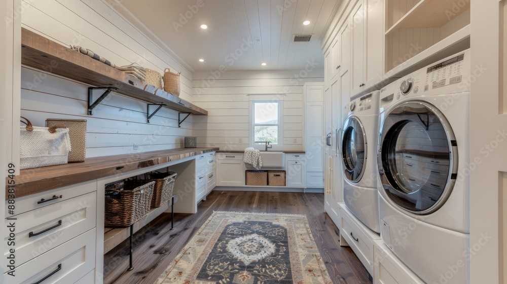 A laundry room with a sleek, modern farmhouse design, featuring shiplap walls, rustic wood accents, and modern, energy-efficient appliances A laundry room with a sleek, modern farmhouse design, featuring shiplap walls, rustic wood accents, and modern, energy-efficient appliances