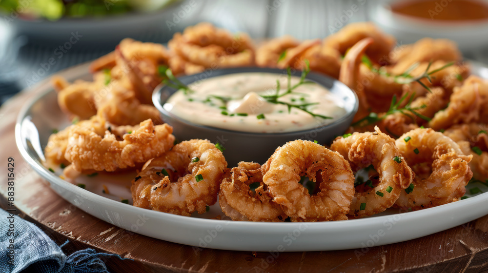 A plate of fried shrimp with a dipping sauce A plate of fried shrimp with a dipping sauce