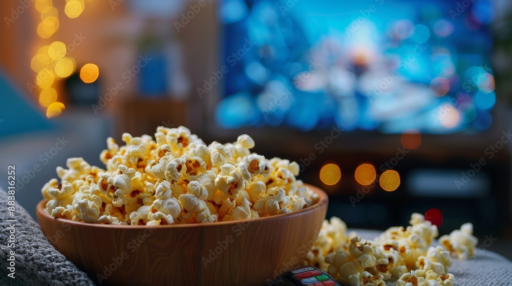 Close up of bowl of popcorn and remote control with tv works on background,Buckets with tasty popcorn on table,The color bright lighting, blue and red.Relax at home concept. Close up of bowl of popcorn and remote control with tv works on background,Buckets with tasty popcorn on table,The color bright lighting, blue and red.Relax at home concept.