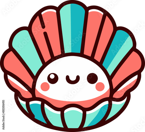 A cute cartoon illustration of a smiling clam with red and green shell.  vector