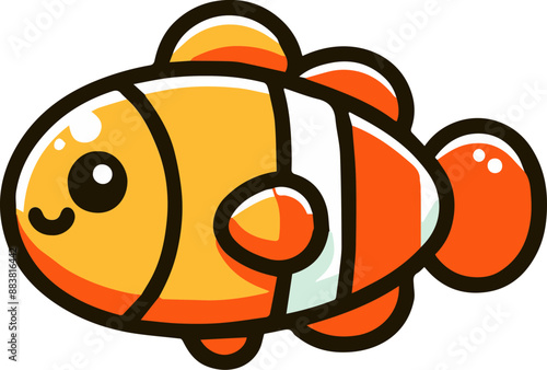 Cute cartoon illustration of an orange and white clownfish with big eyes.