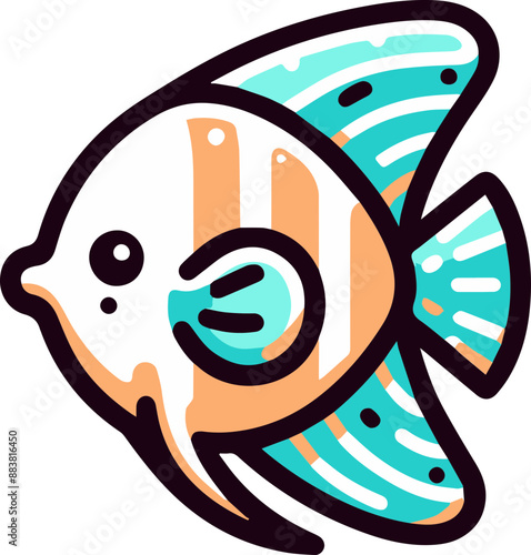A cartoon illustration of a white and orange angelfish with blue fins.