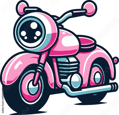 A cartoon illustration of a bright pink motorcycle.