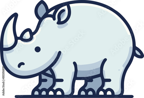 A cute cartoon rhinoceros with a single horn stands on a white background.