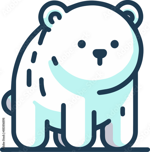 A simple, cartoon illustration of a white polar bear. The bear is standing on all fours and looking at the viewer. The illustration is drawn in a clean, modern style.