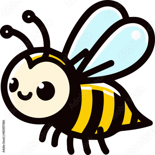 A cute cartoon bee with black and yellow stripes, smiling and with big eyes.