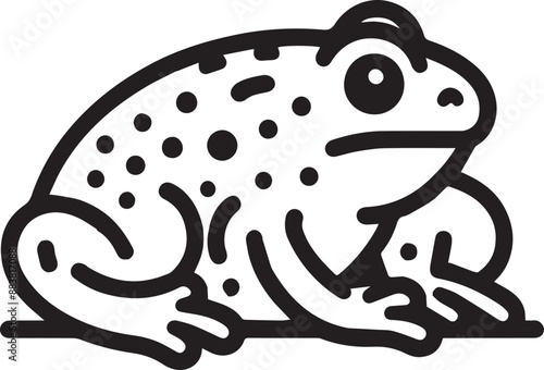 A simple line drawing of a frog with large eyes and bumpy skin.  The frog is sitting on a white background.
