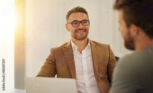 Φωτογραφία Businessman, computer and interview discussion with candidate for recruitment, opportunity and job research in office