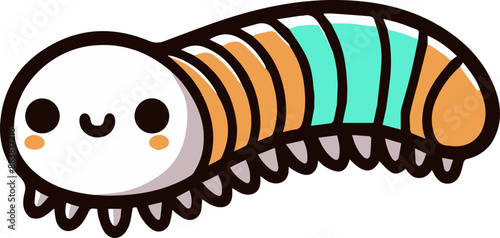 Cute cartoon millipede with a smiling face.