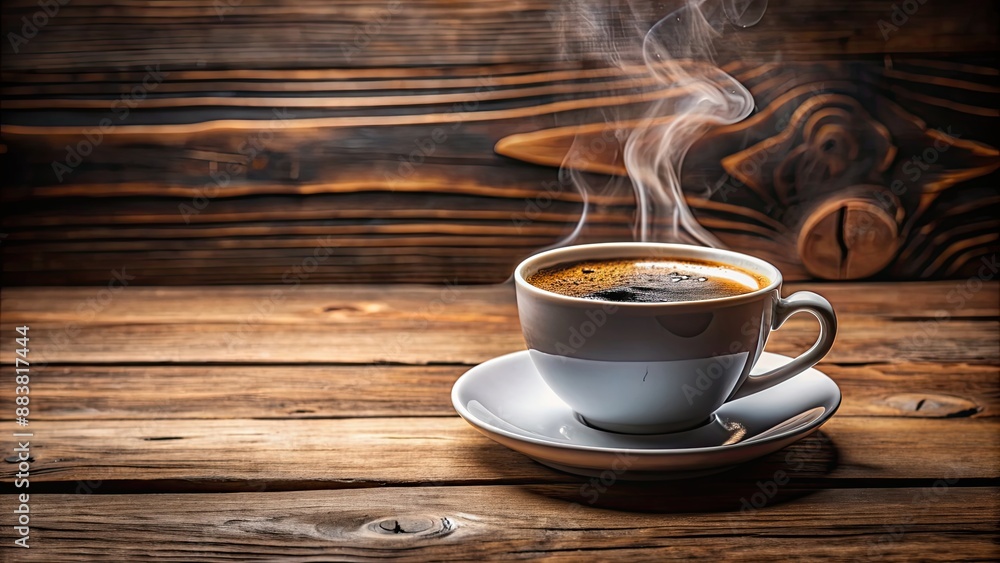 A close-up shot of a steaming hot Americano cup on a wooden table, coffee, drink, beverage, espresso, black coffee, caffeine