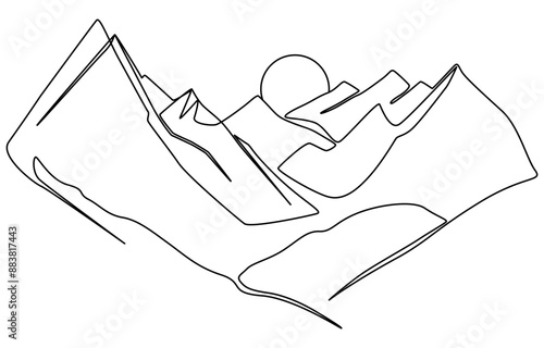 One line art. continues line art. illustration of a landscape, Continuous line drawing art Mountain icon concept, One continuous line drawing of mountain range landscape. Abstract web banner with hill