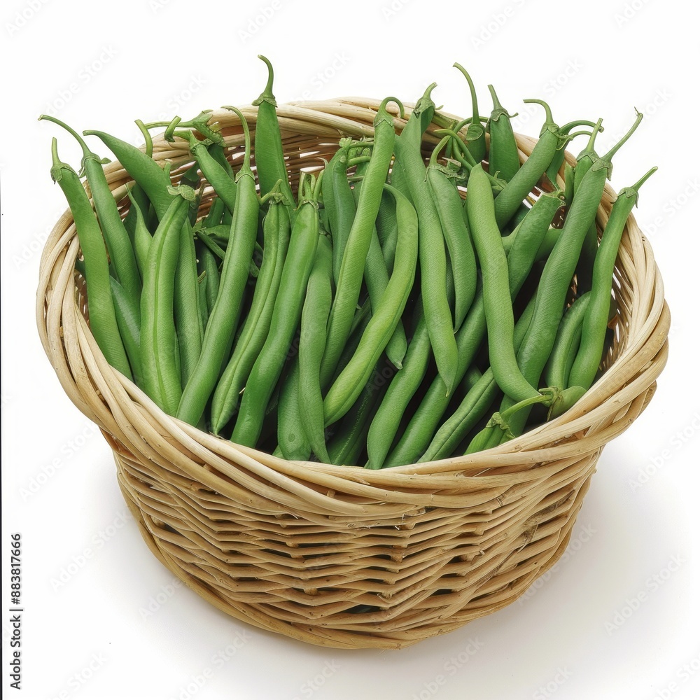 Vibrant green beans overflow a rustic basket, showcasing fresh, organic produce perfect for healthy cooking Vibrant green beans overflow a rustic basket, showcasing fresh, organic produce perfect for healthy cooking