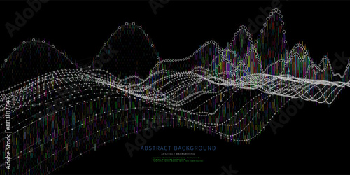 Abstract  background color graph wavy lines  from points on black. Technology  concept  virtual data audio.  Banner for business, science and technology data analytics. Big Data.