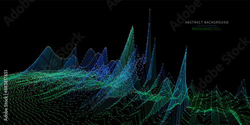 Abstract  background color graph wireframe from points  and noisy lines on black. Technology wireframe concept  virtual data audio.  Banner for business, science and technology data analytics. Big Dat