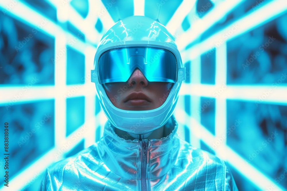 Futuristic Male Model in Metallic Outfit and Tech Accessories Against Neon-Lit Urban Background Futuristic Male Model in Metallic Outfit and Tech Accessories Against Neon-Lit Urban Background