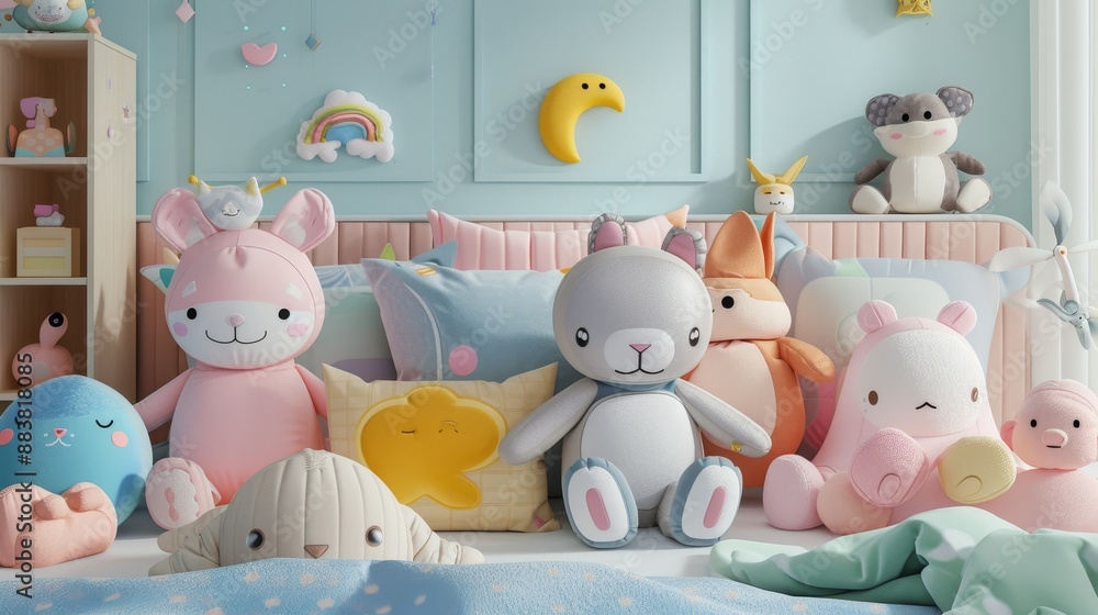 bedroom filled with adorable animated stuffed animals in pastel colors ...