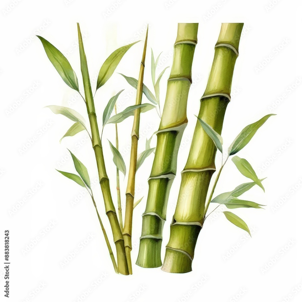 Obraz premium Bamboo stalks and leaves on white background.
