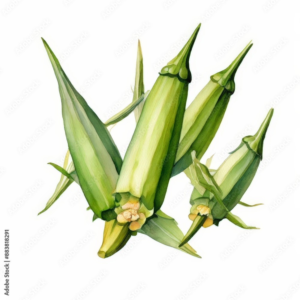 Obraz premium Watercolor illustration of fresh green okra.