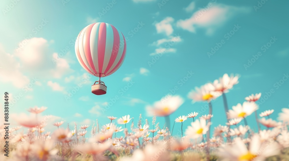 Obraz premium hot air balloon going over a field of daisies in the pastel sky AI generated illustration