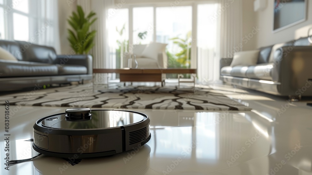 An automated robotic vacuum cleaner navigating through a modern living room, mapping the space and cleaning efficiently. An automated robotic vacuum cleaner navigating through a modern living room, mapping the space and cleaning efficiently.