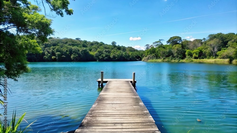 Fototapeta premium A jetty extending into a tranquil blue lake surrounded by lush greenery, jetty, pier, lake, water, reflection, peaceful