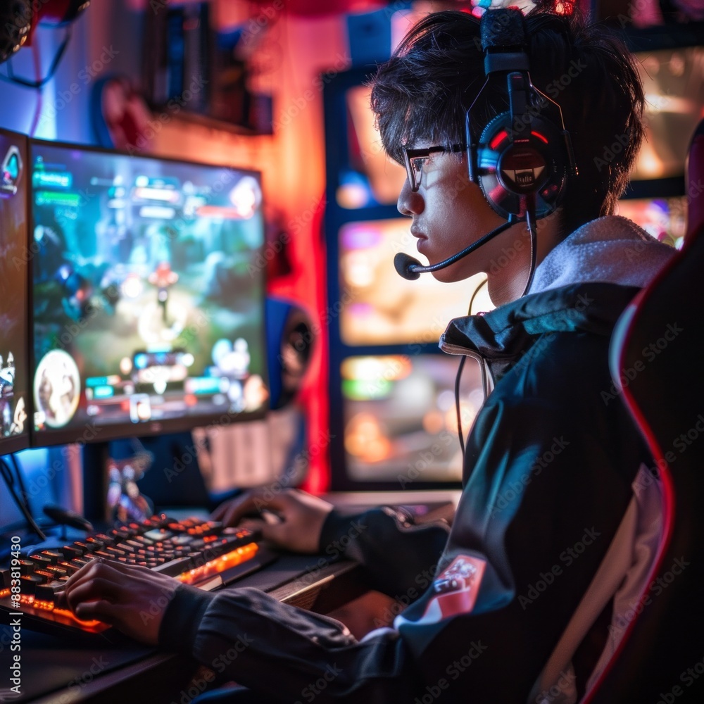 Fototapeta premium Focused DJ blends digital artistry with laptop precision