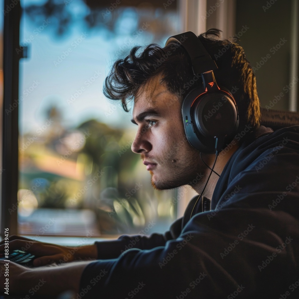 Smiling man lost in music, headphones on, enjoying sound bliss Smiling man lost in music, headphones on, enjoying sound bliss