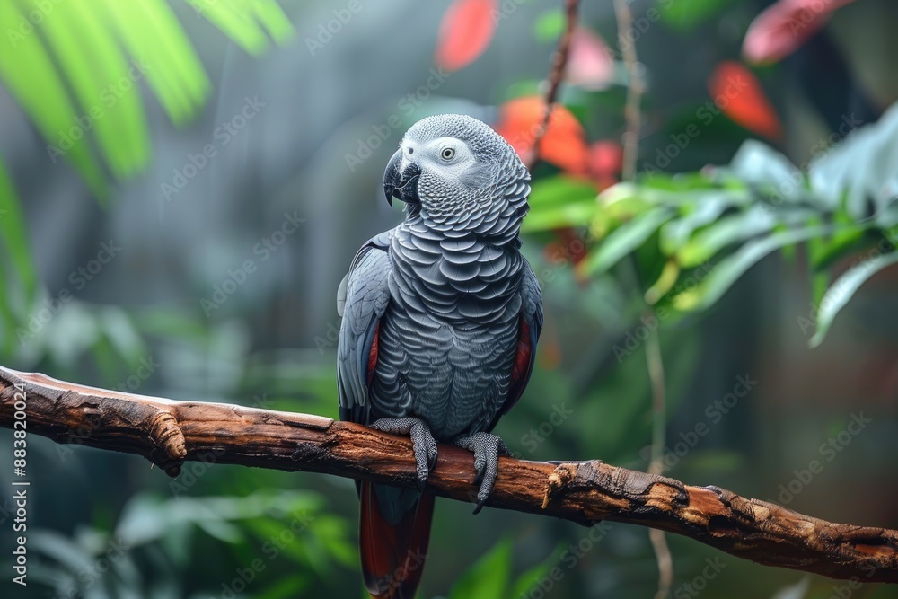 Fototapeta premium Beautiful grey parrot perching on branch
