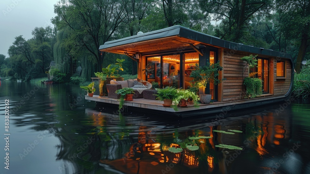 Obraz premium Modern houseboat lit up amidst a serene natural setting.