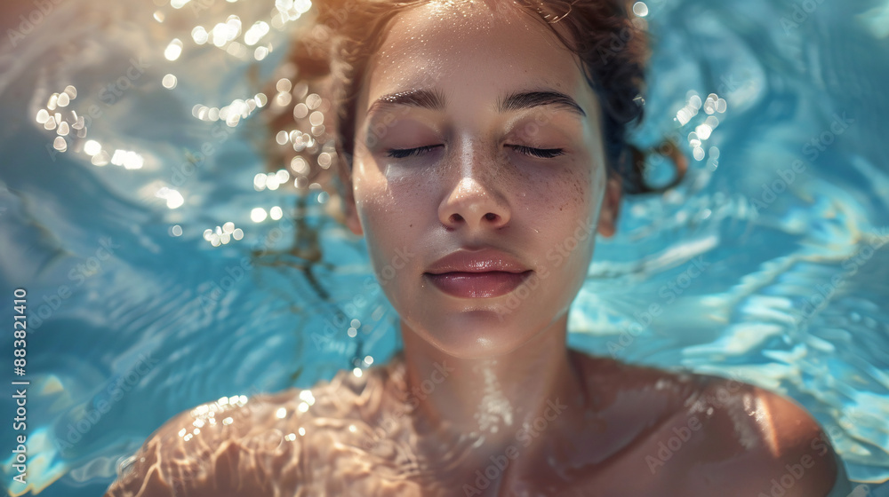 High angle view of woman relaxing in the swimming pool water with closed eyes, summer vacation. High angle view of woman relaxing in the swimming pool water with closed eyes, summer vacation.