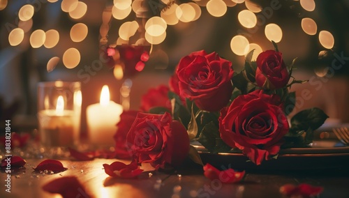 Fototapeta Naklejka Na Ścianę i Meble -  A romantic candlelit dinner with a bouquet of red roses and a bokeh effect, promoting a Valentine's Day celebration, Free space for text Valentine's Day concept