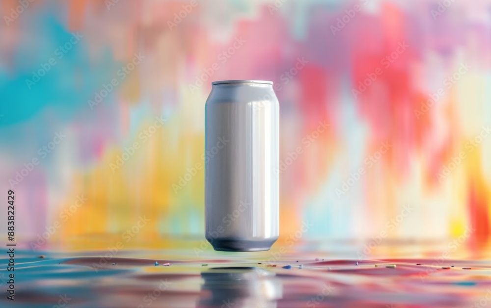 Minimalist photo of a blank beverage can against a colorful abstract background. Minimalist photo of a blank beverage can against a colorful abstract background.