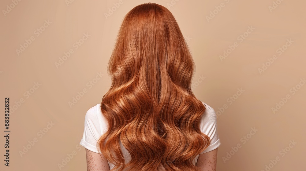 Fototapeta premium Closeup view of a bunch of shiny curls red hair,Portrait of a beautiful girl with luxurious curly long red hair,Back view,Fashion, beauty and makeup portrait,copy space.