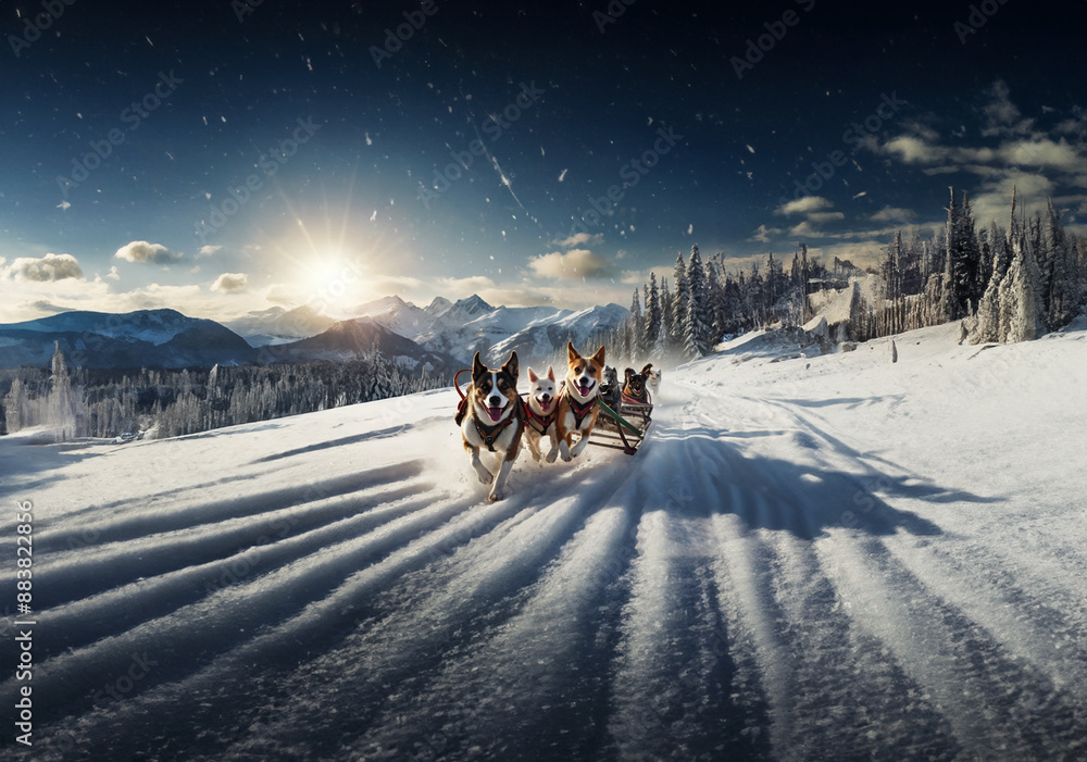 Dog sledding in a remote snowy landscape. Dog sledding in a remote snowy landscape.