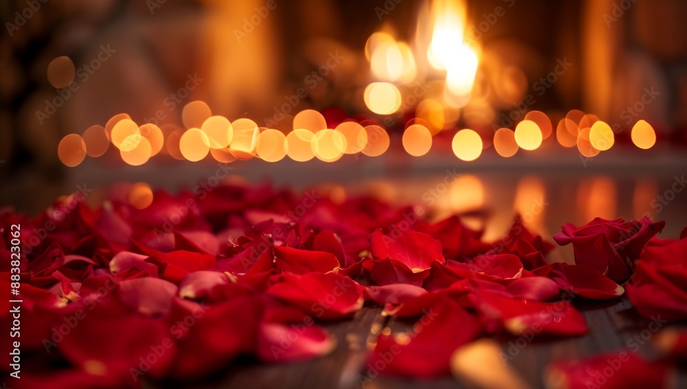 A trail of rose petals leading to a cozy fireplace, with a bokeh effect, advertising a romantic Valentine's Day evening, Free space for text Valentine's Day concept A trail of rose petals leading to a cozy fireplace, with a bokeh effect, advertising a romantic Valentine's Day evening, Free space for text Valentine's Day concept
