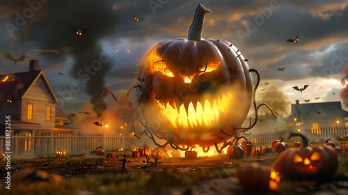 3D Rendered Image of a Gigantic Monstrous Pumpkin in a Spooky Setting