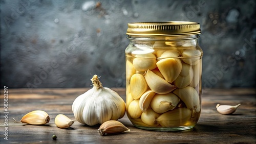 Pickled garlic cloves in a jar, knoblauch, eingelegt, fermentiert, w?rzig, delikatesse, einlegen, glas photo