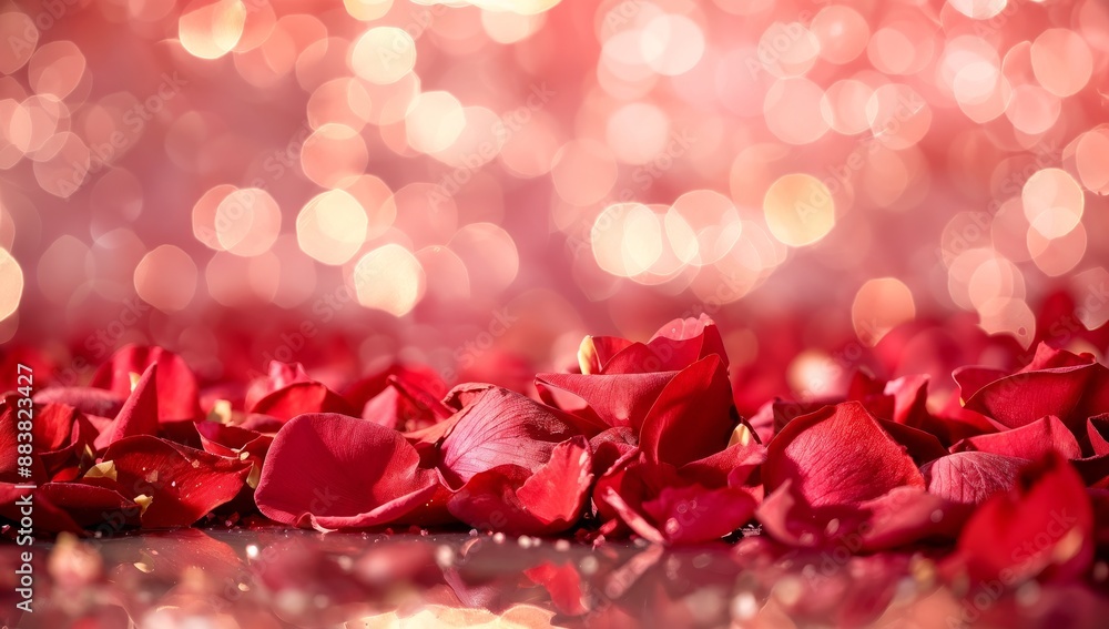 Obraz premium A lavish wedding setting with rose petals scattered and bokeh lights twinkling, an ideal promotion for a Valentine's Day greeting, Free space for text Valentine's Day concept
