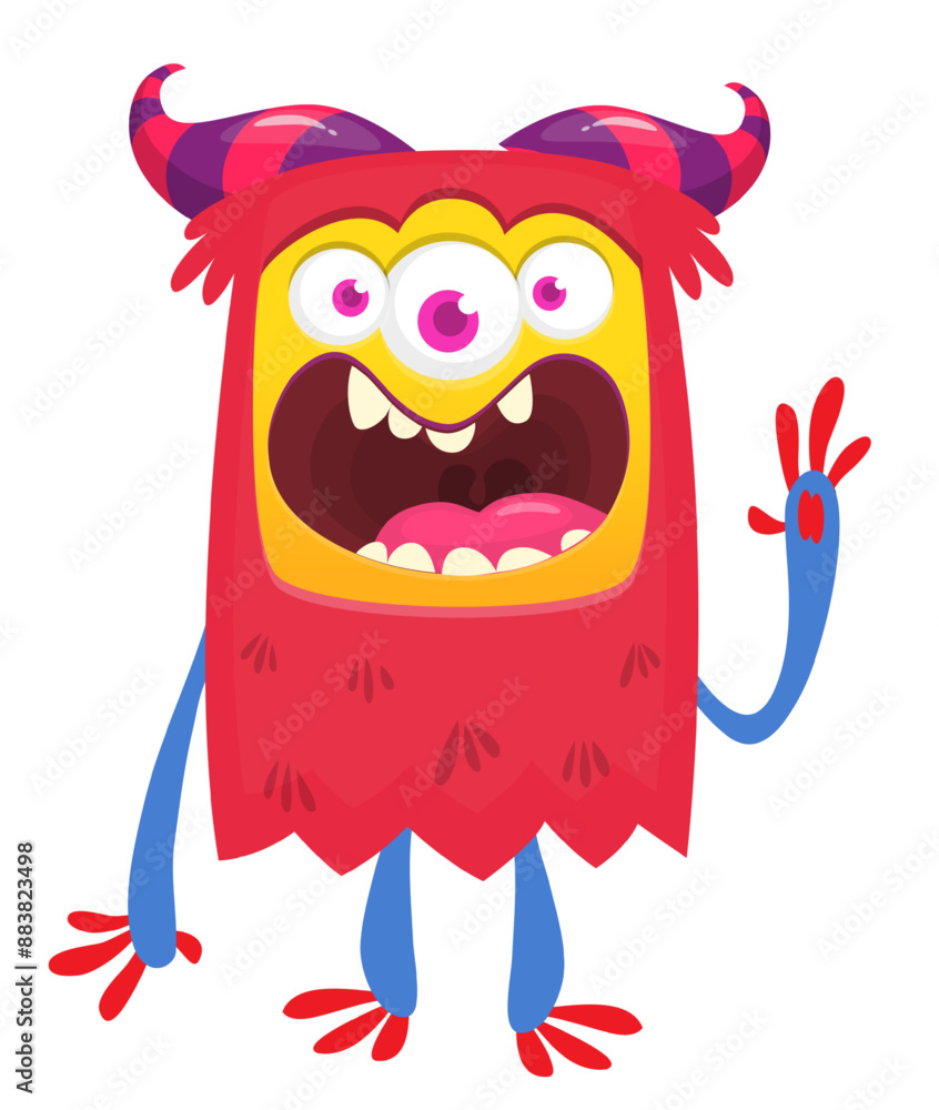 Naklejka premium Cartoon cute monster with funny excited face expression with three eyes waving hands . Vector illustration isolated on white. Halloween design