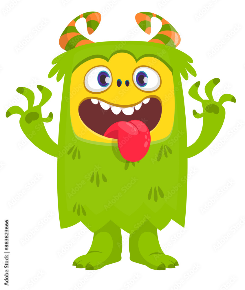 Fototapeta premium Cartoon happy monster with long tongue sticking out of the mouth. Vector illustration isolated on white. For Halloween party or package design.