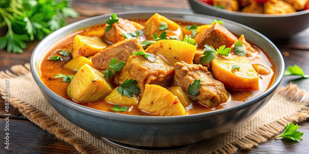 Close-up of a bowl of curry with potato pieces, chicken pieces, and herbs, curry, bowl, close-up, potato, chicken, herbs Close-up of a bowl of curry with potato pieces, chicken pieces, and herbs, curry, bowl, close-up, potato, chicken, herbs