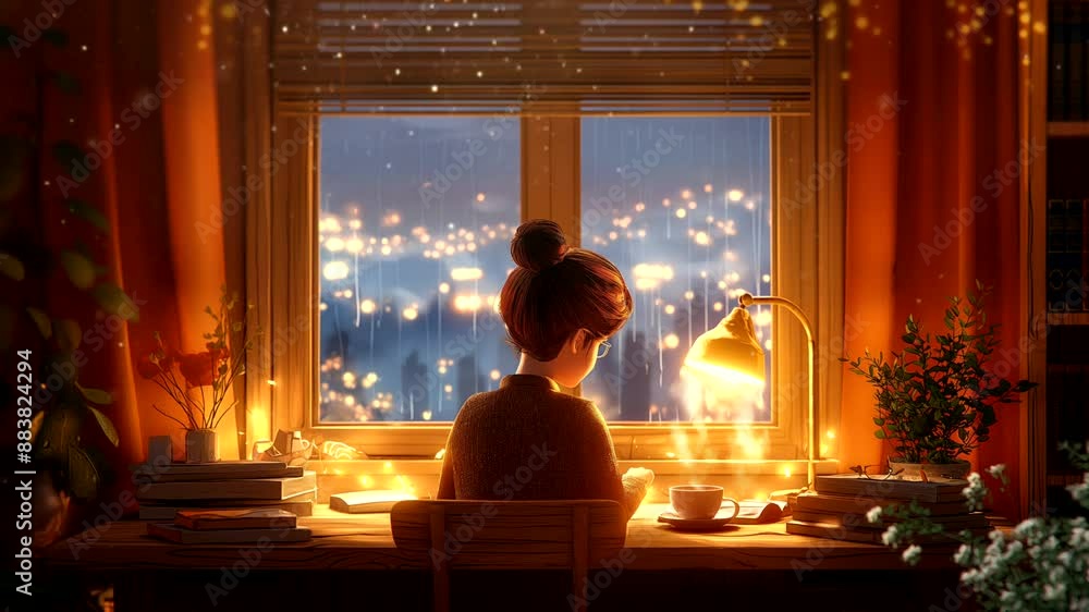 Cozy study room with a warm lamp and city view at night from the window. Winter comfort concept Cozy study room with a warm lamp and city view at night from the window. Winter comfort concept
