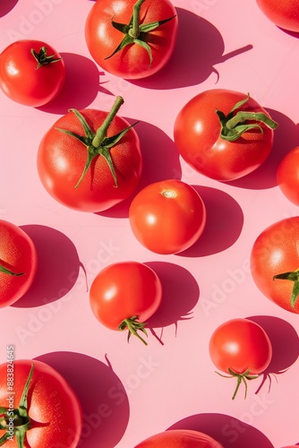 different shape tomato and color pattern on a pastel pink background flat lay