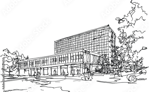 hand drawn architectural sketch of a modern generic office building