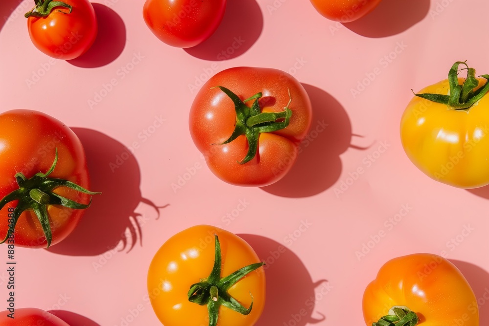different shape tomato and color pattern on a pastel pink background flat lay different shape tomato and color pattern on a pastel pink background flat lay