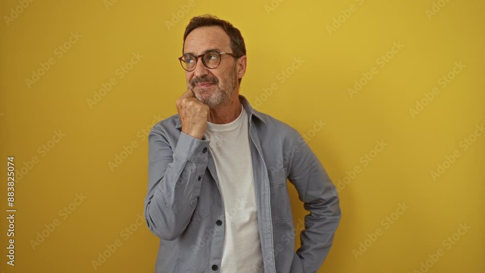 Hispanic man middle age wearing glasses standing and thinking with hand on chin over isolated yellow background, serious thoughtful face and confusing idea question Hispanic man middle age wearing glasses standing and thinking with hand on chin over isolated yellow background, serious thoughtful face and confusing idea question