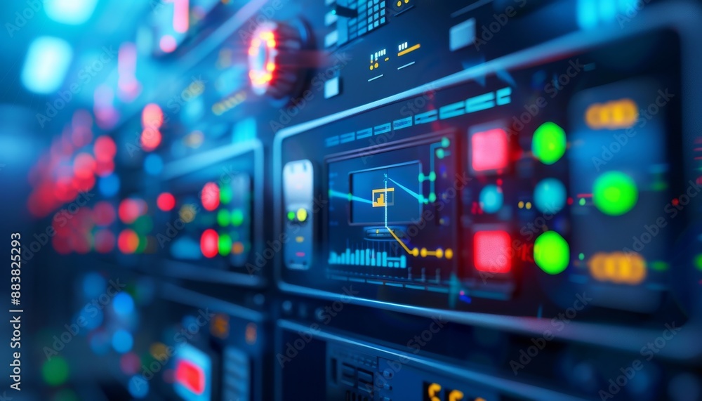Obraz premium Advanced Cyber-Physical System Controlling HVAC and Lighting in Smart Building - Close-Up of Control Panel and Interior Details