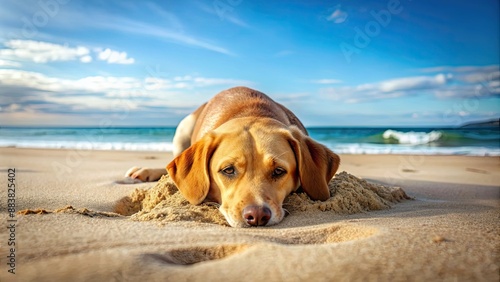 Playful dog hiding his head in the sand on the beach, dog, playful, sand, beach, hiding, head, fun, summer, playful, adorable, pet